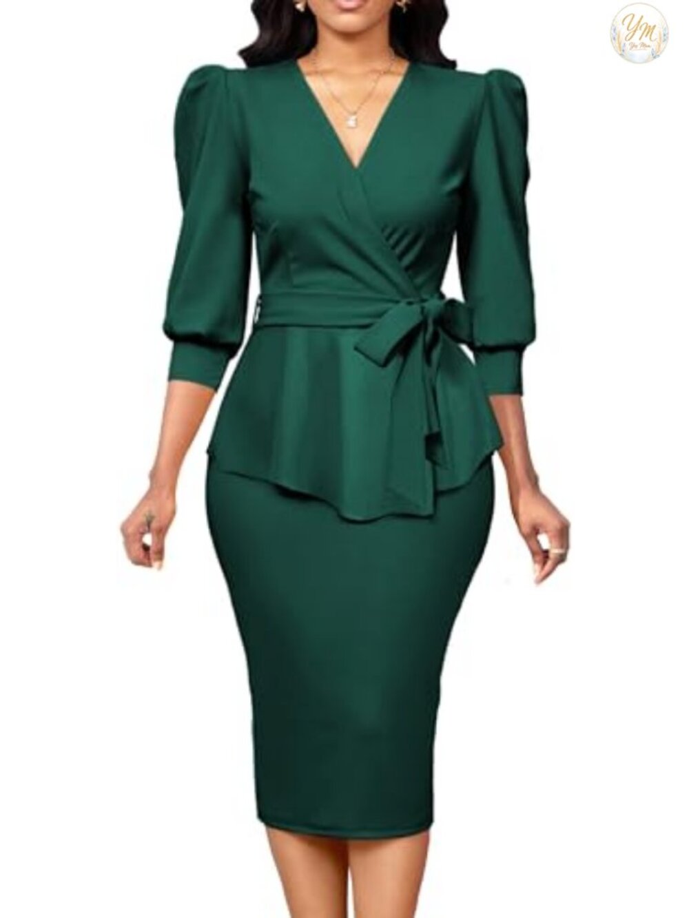 Yiershu Women's Bodycon Sheath Work Dress 3/4 Sleeve Peplum Midi Office
